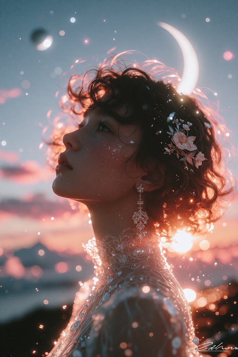 The image depicts a serene and dreamy scene with a young woman gazing upwards. Her curly hair is adorned with small,  intr...