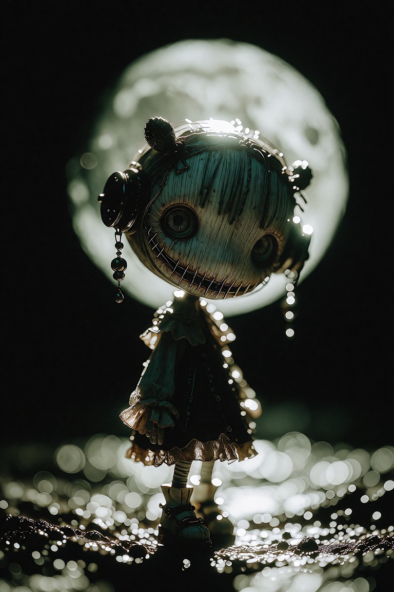 Digital artwork of a small,  eerie humanoid figure with a large,  round head illuminated by a bright on Tensor.Art