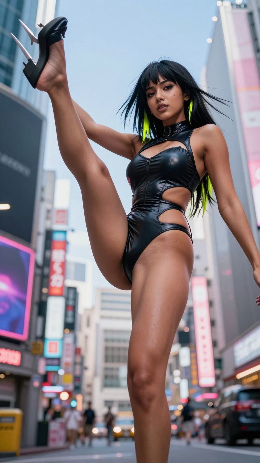 Extreme low-angle of sexy real Indian woman as vibrant cyber anime villainess mid-jump in Akihabara,  leg kicked high,  en...