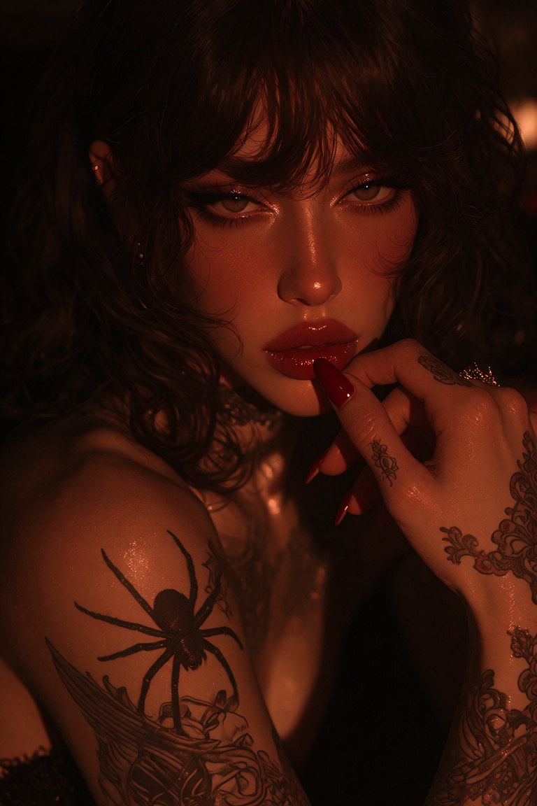 stunning,  moody portrait of a young woman with dark,  wavy hair and bangs on Tensor.Art