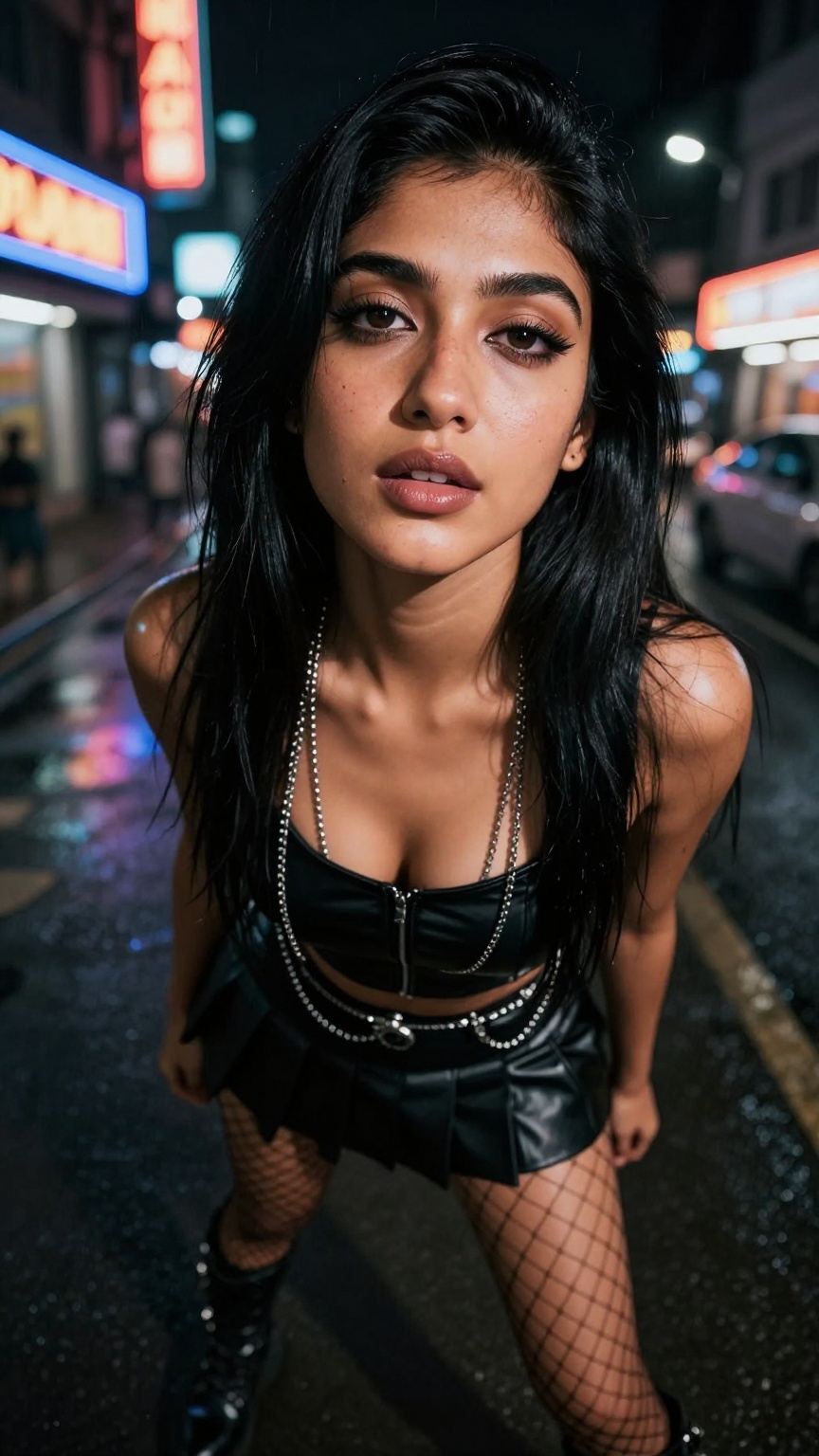 Worm's eye view,  ultra-low camera angle looking sharply upward at a sexy Indian cosplayer woman in her mid-20s with warm...