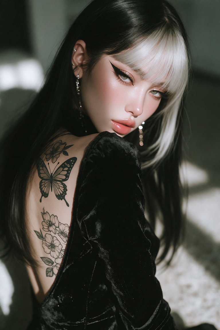 A stylish young woman with long,  straight black hair and white blunt bangs,  angled slightly away from the camera. She we...