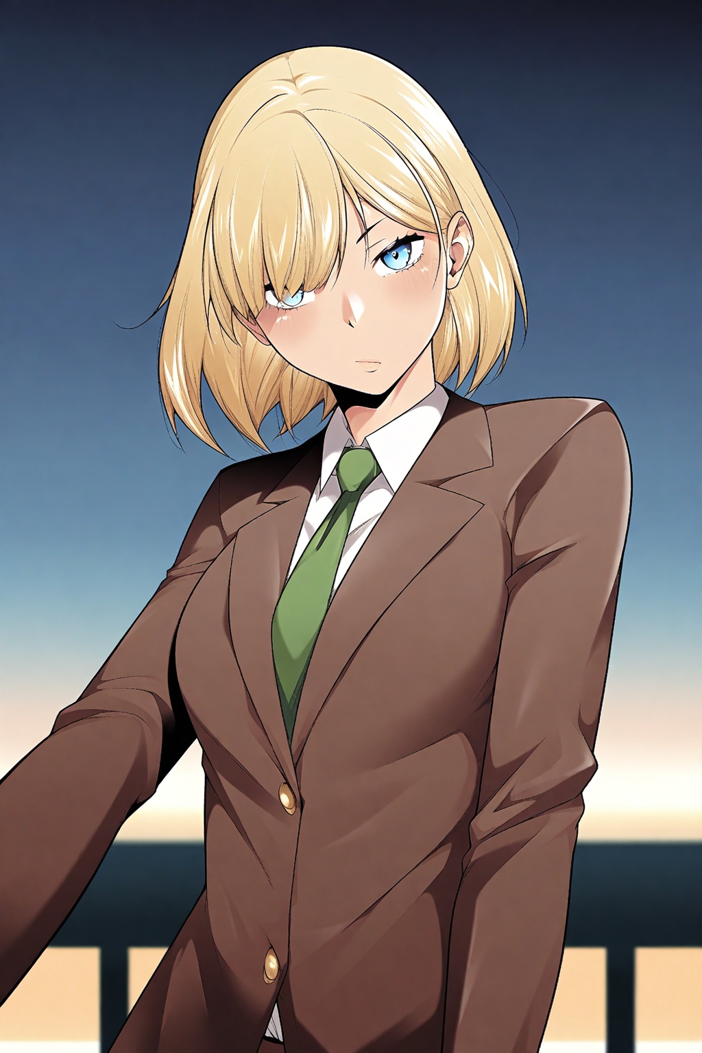 (badshroomsart),  1girl with blonde hair and blue eyes in a cute solo pose,  looking directly at the viewer. She is wearin...