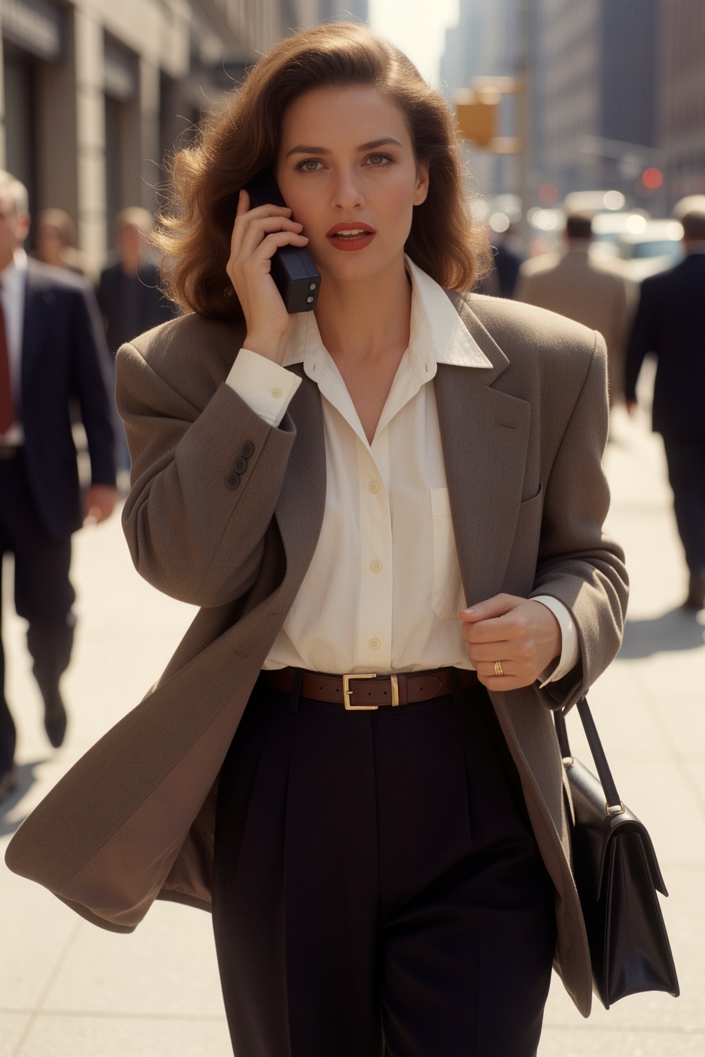 90s color photograph featuring a confident businesswoman walking briskly down a bustling New York sidewalk,  wearing an ov...