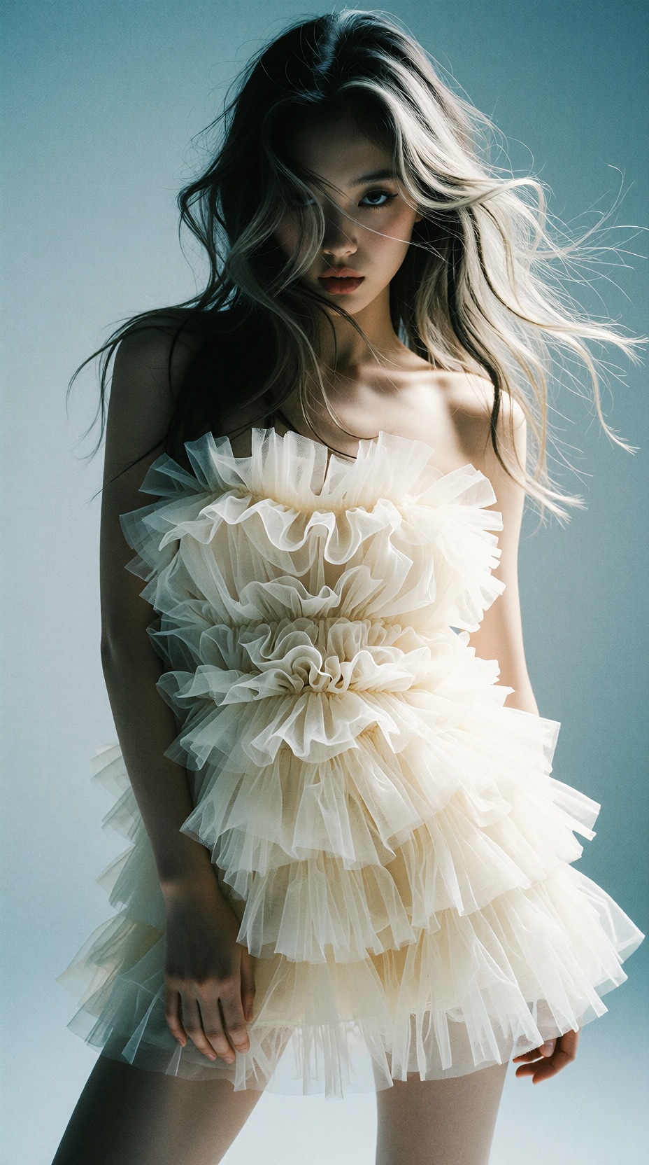 This fashion portrait is captured digitally with a lens that produces a soft,  ethereal character. The image features a co...