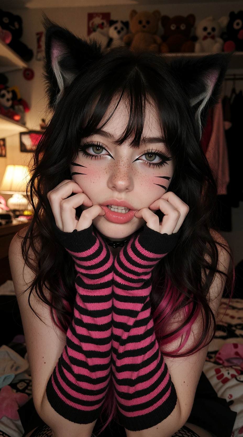 18 year old cat-girl with long black wavy hair,  light natural freckles and pale skin,  cat ears on Tensor.Art