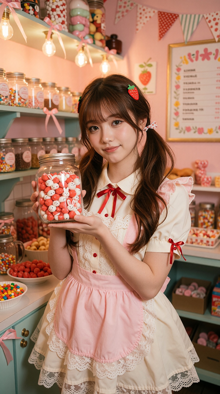 Photograph of a 19-year-old Asian woman with fair skin and long chestnut hair in low pigtails,  wearing a cream maid unifo...