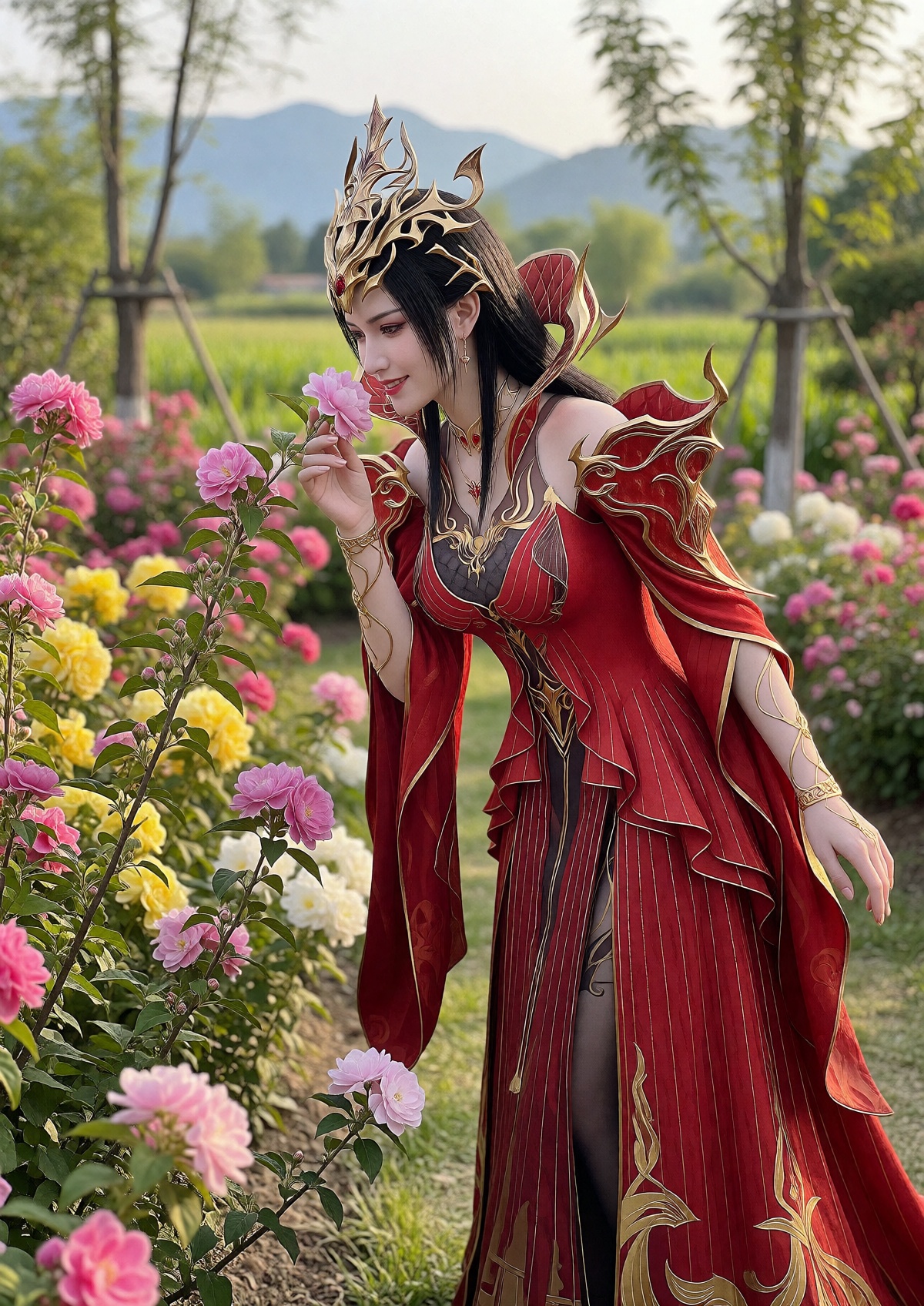 A Queen with long,  flowing black hair adorned with an intricate gold crown wears an elegant red and gold dress with wide...