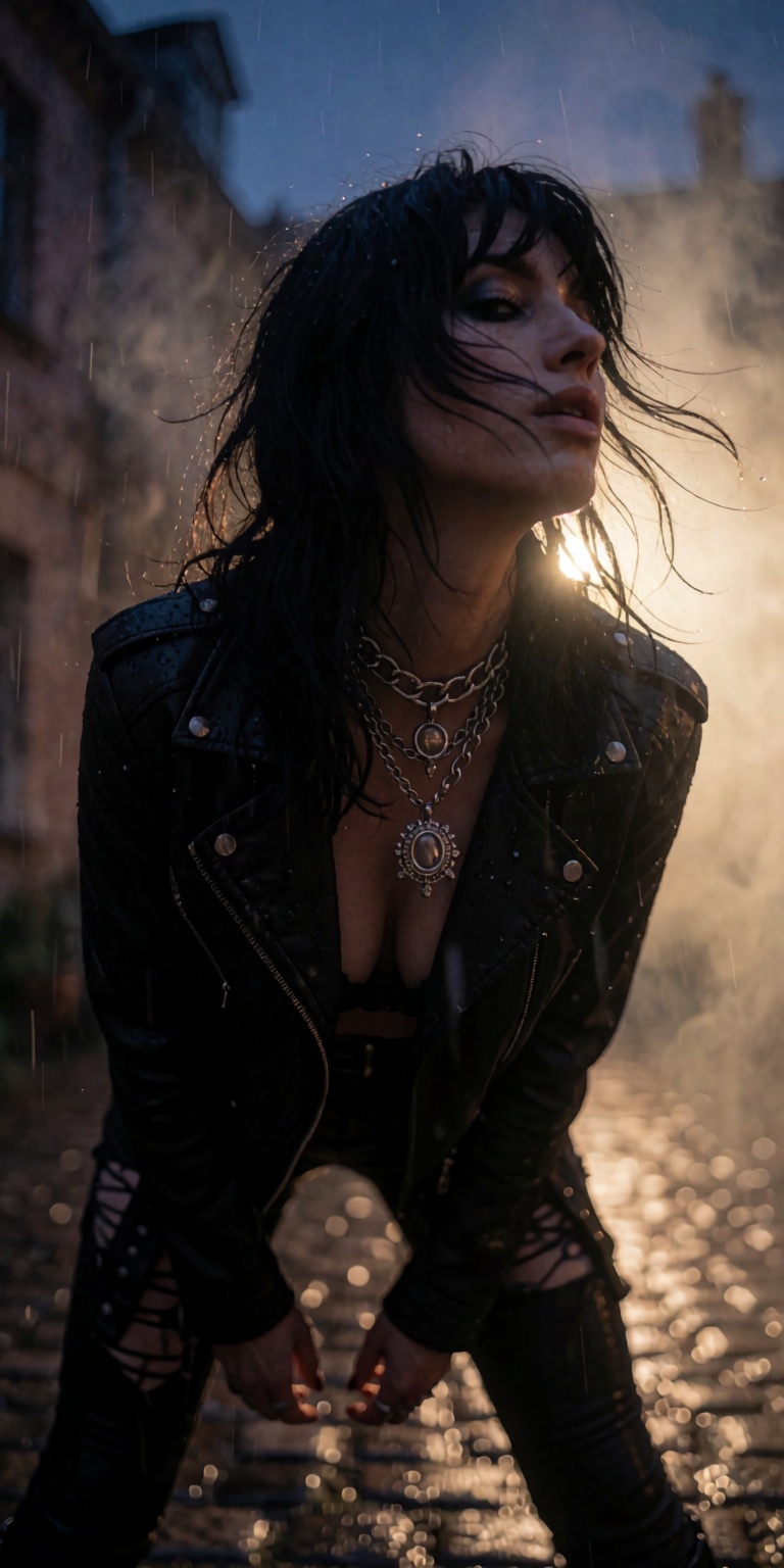 A captivating cinematic shot taken from a ground-level worm's-eye view,  looking up at a punk rock siren standing in a slo...