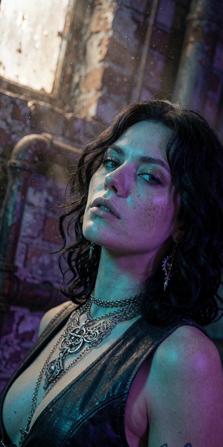 A masterpiece photorealistic DSLR photoshoot of a punk rock siren,  captured in a dramatic low-angle Dutch-tilt close-up p...