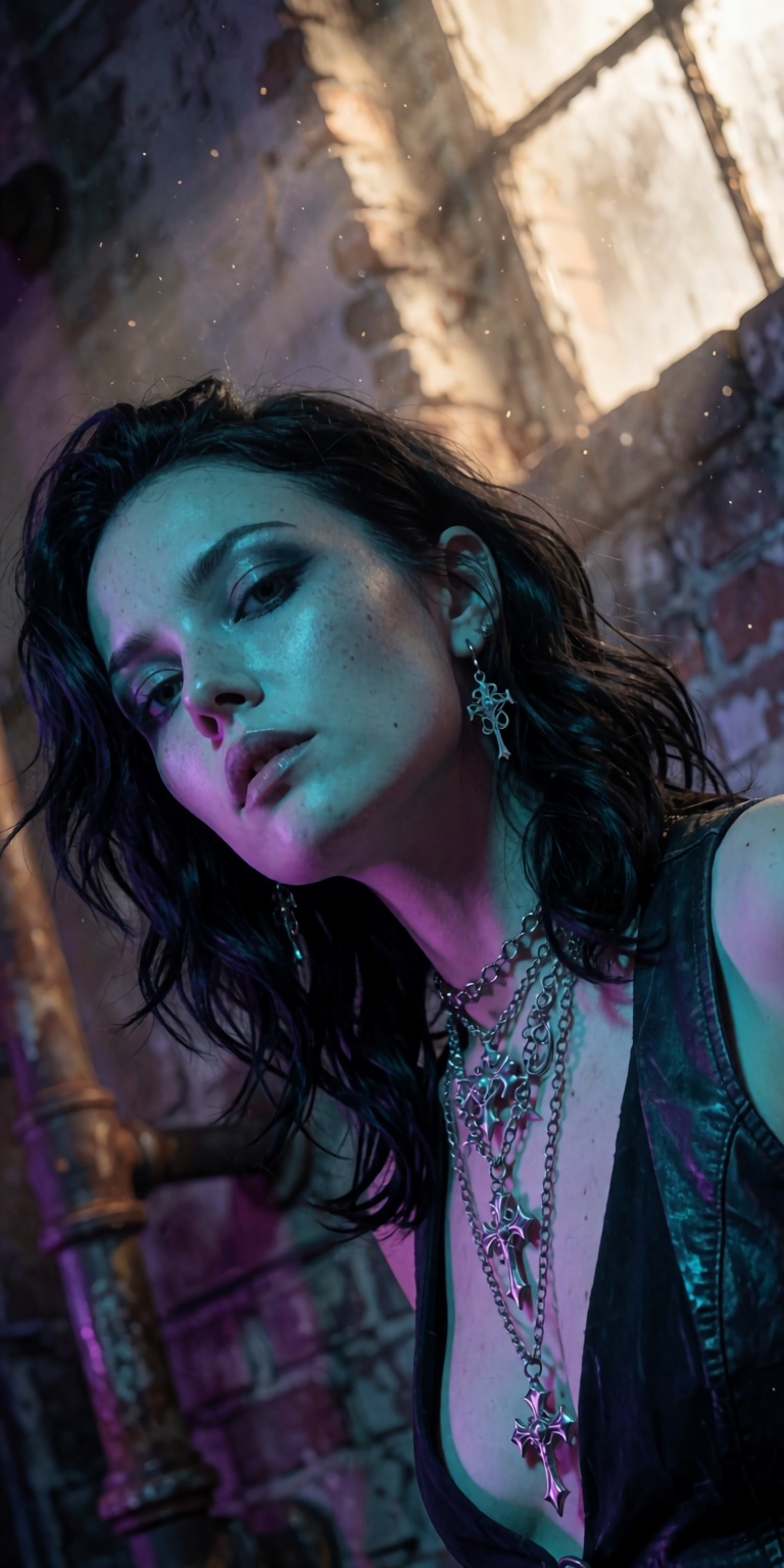 A masterpiece photorealistic DSLR photoshoot of a punk rock siren,  captured in a dramatic low-angle Dutch-tilt close-up p...