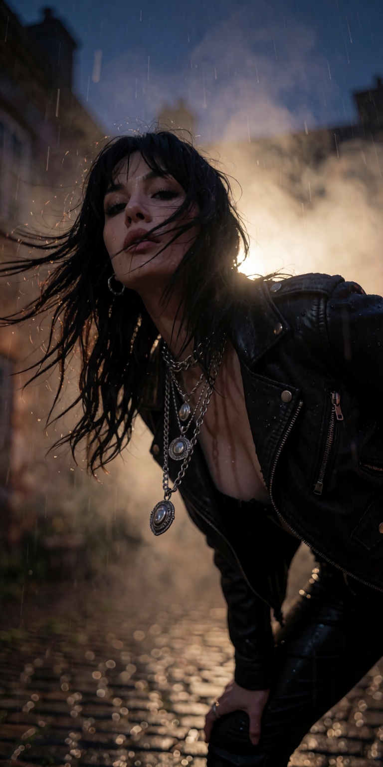 A captivating cinematic shot taken from a ground-level worm's-eye view,  looking up at a punk rock siren standing in a slo...