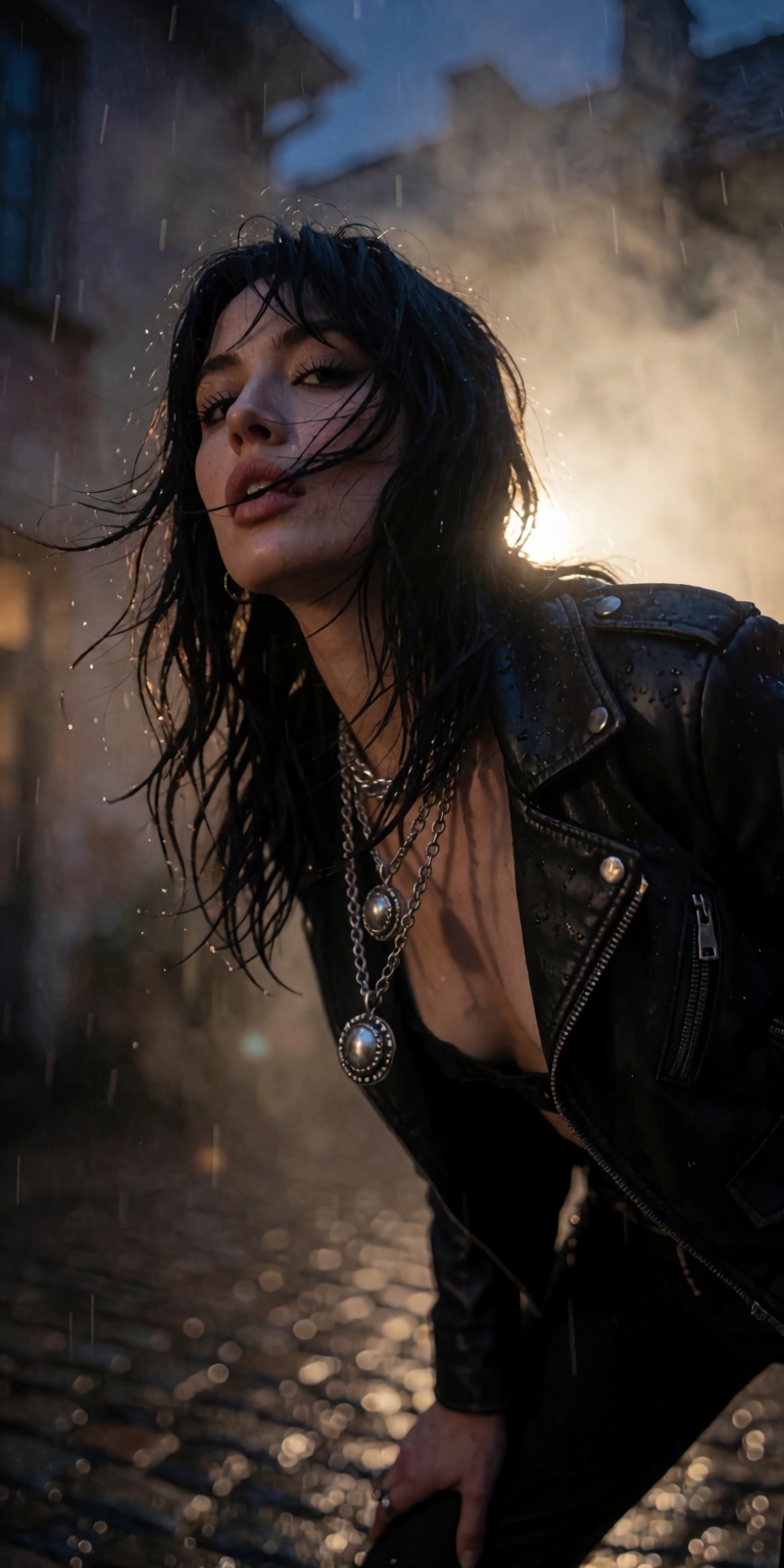 A captivating cinematic shot taken from a ground-level worm's-eye view,  looking up at a punk rock siren standing in a slo...