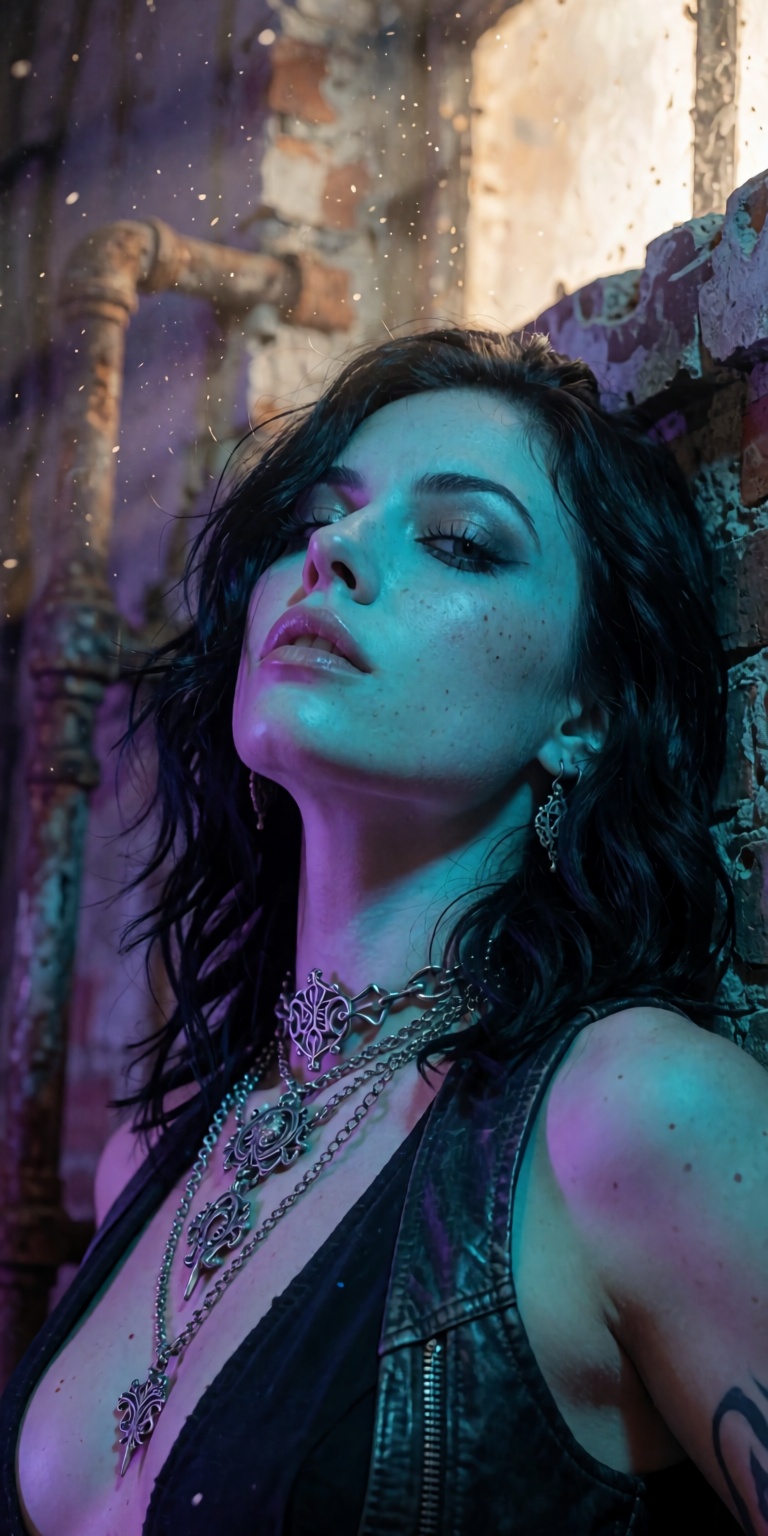 A masterpiece photorealistic DSLR photoshoot of a punk rock siren,  captured in a dramatic low-angle Dutch-tilt close-up p...