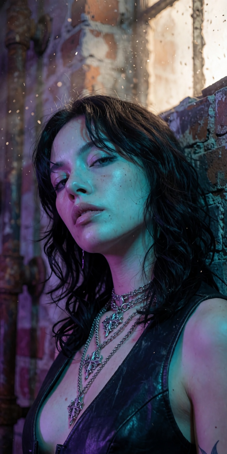 A masterpiece photorealistic DSLR photoshoot of a punk rock siren,  captured in a dramatic low-angle Dutch-tilt close-up p...