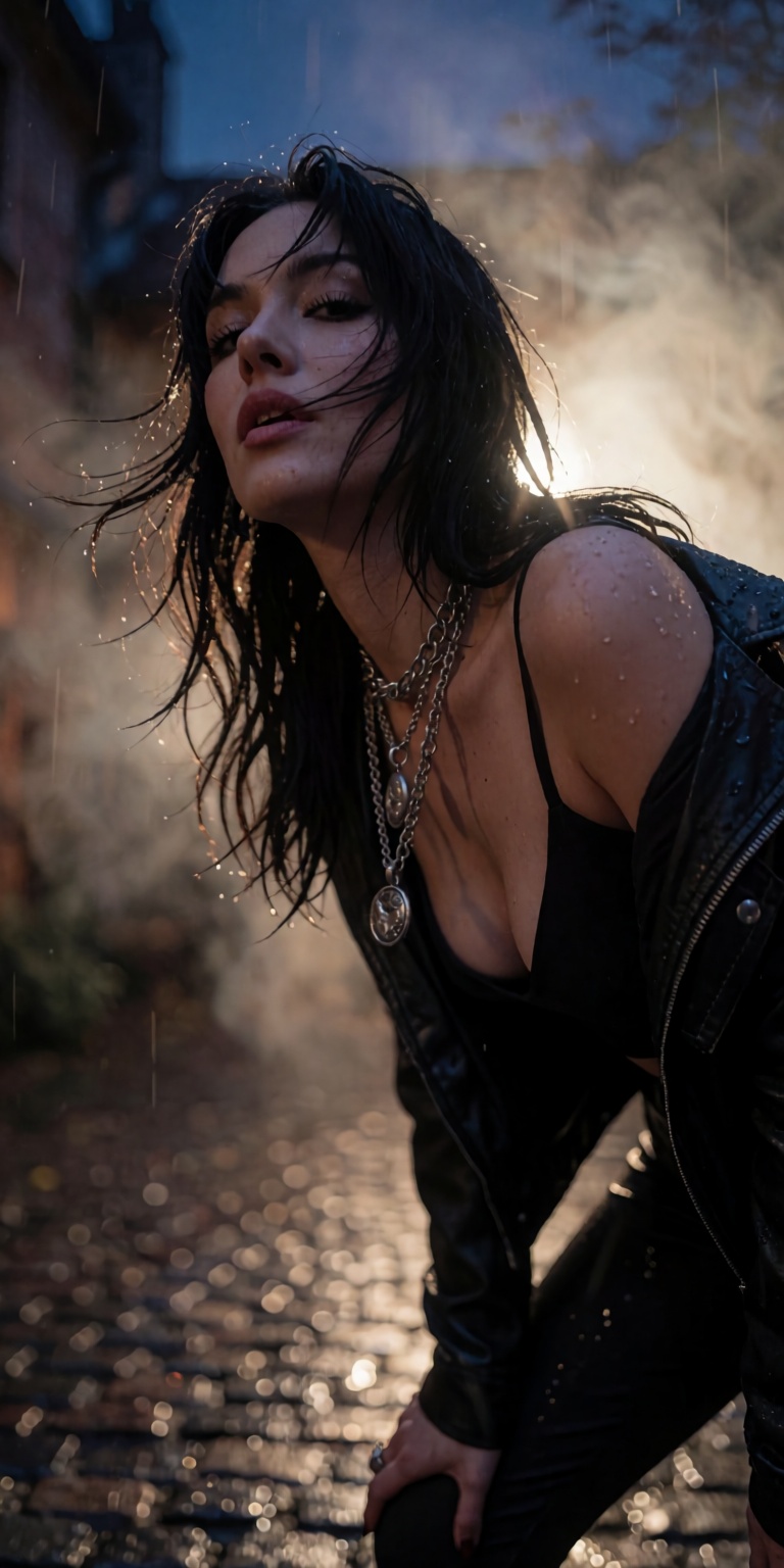 A captivating cinematic shot taken from a ground-level worm's-eye view,  looking up at a punk rock siren standing in a slo...