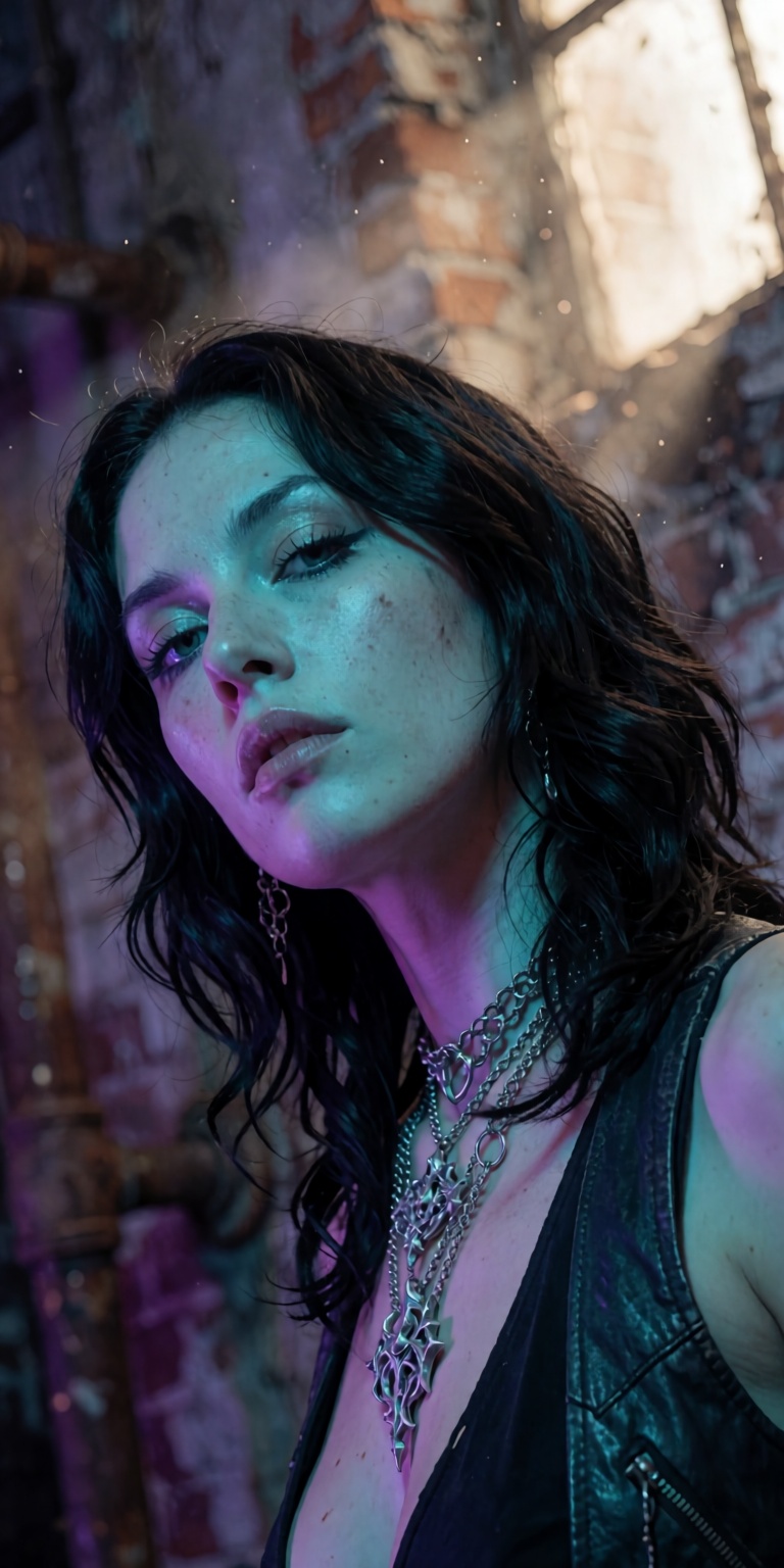 A masterpiece photorealistic DSLR photoshoot of a punk rock siren,  captured in a dramatic low-angle Dutch-tilt close-up p...