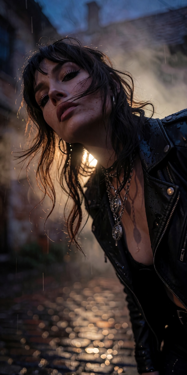 A captivating cinematic shot taken from a ground-level worm's-eye view,  looking up at a punk rock siren standing in a slo...
