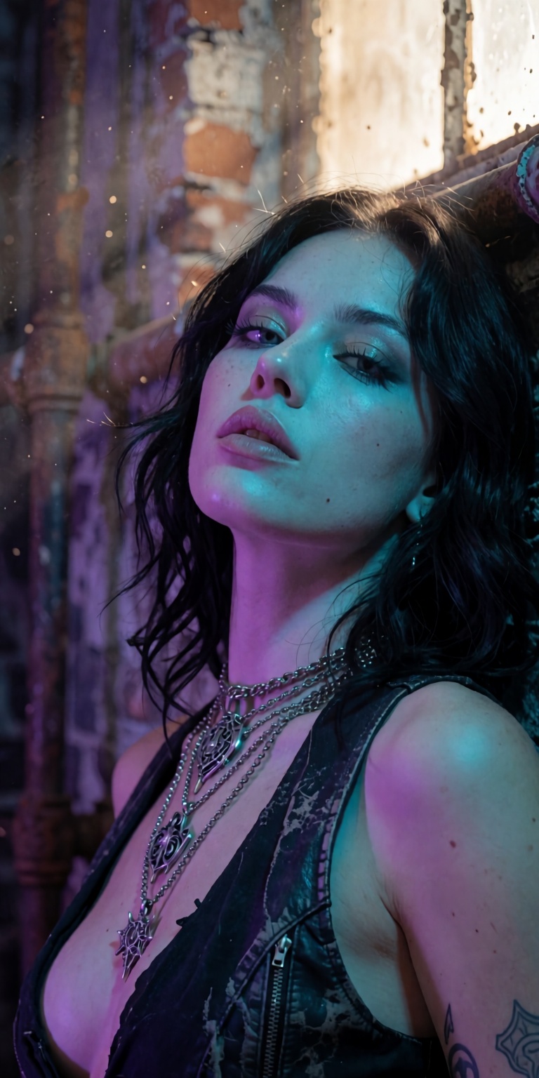 A masterpiece photorealistic DSLR photoshoot of a punk rock siren,  captured in a dramatic low-angle Dutch-tilt close-up p...