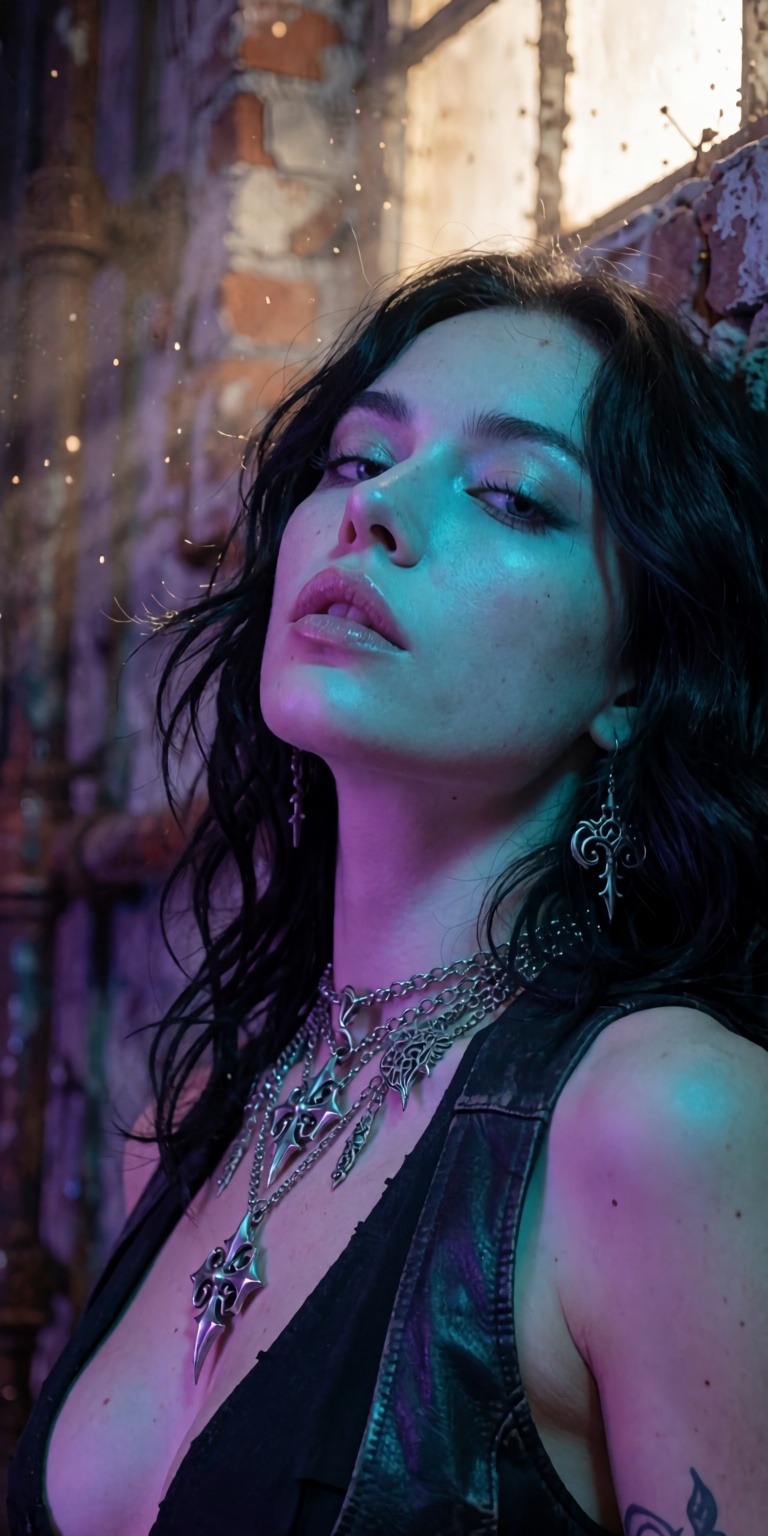 A masterpiece photorealistic DSLR photoshoot of a punk rock siren,  captured in a dramatic low-angle Dutch-tilt close-up p...