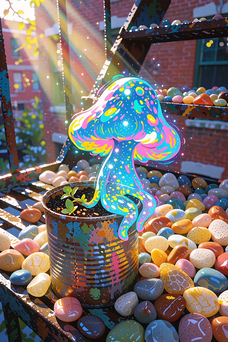 anime-style tiny mushroom spirit,  made of sparkling cyan,  glowing blue on Tensor.Art