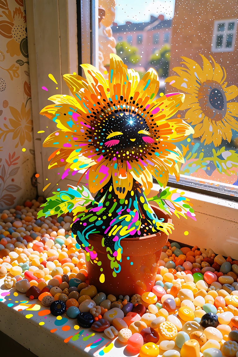 zidiusArt,  anime-style tiny sunflower spirit,  made of sparkling yellow on Tensor.Art