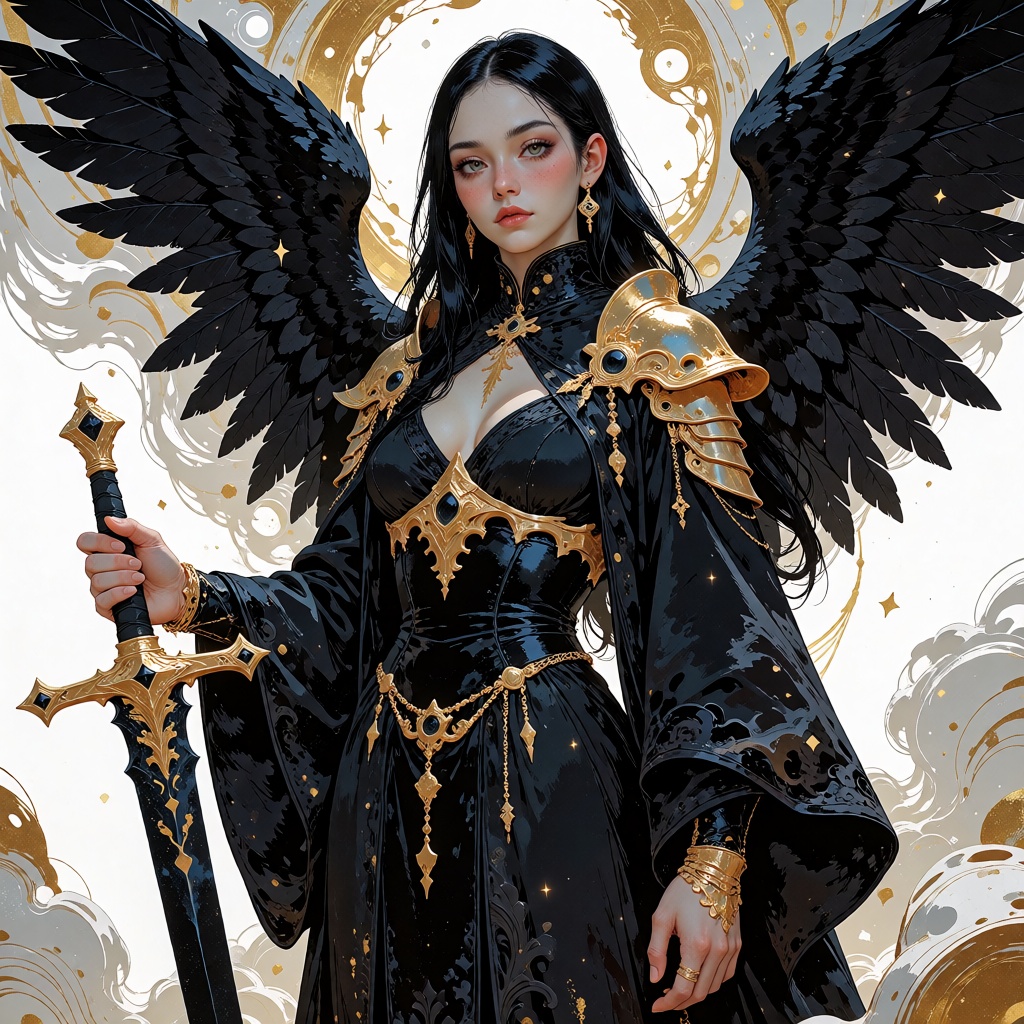 stylized illustration,  A regal dark angel in a fantasy portrait,  wearing a flowing black medieval robe with ornate gold...