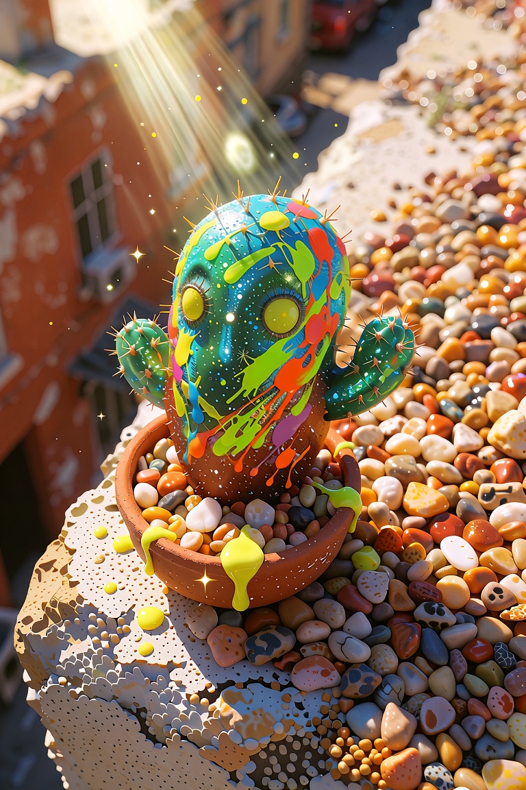 anime-style tiny cactus spirit,  made of sparkling emerald green,  neon yellow on Tensor.Art