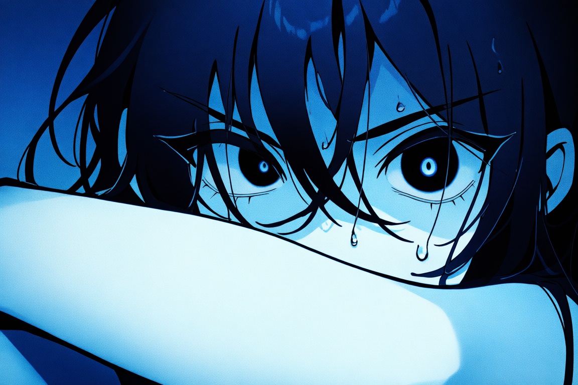 An extreme,  highly atmospheric close-up portrait of a mysterious girl looking intensely over her arm,  which is raised to...