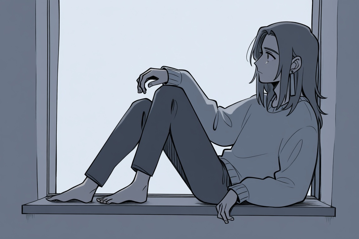 A slender man with long hair in a loose oversized sweater and long earrings sits sideways on a windowsill with one knee pu...