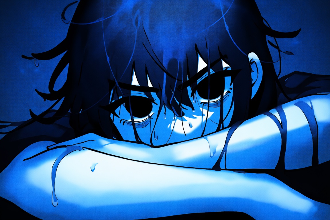 An extreme,  highly atmospheric close-up portrait of a mysterious girl looking intensely over her arm,  which is raised to...