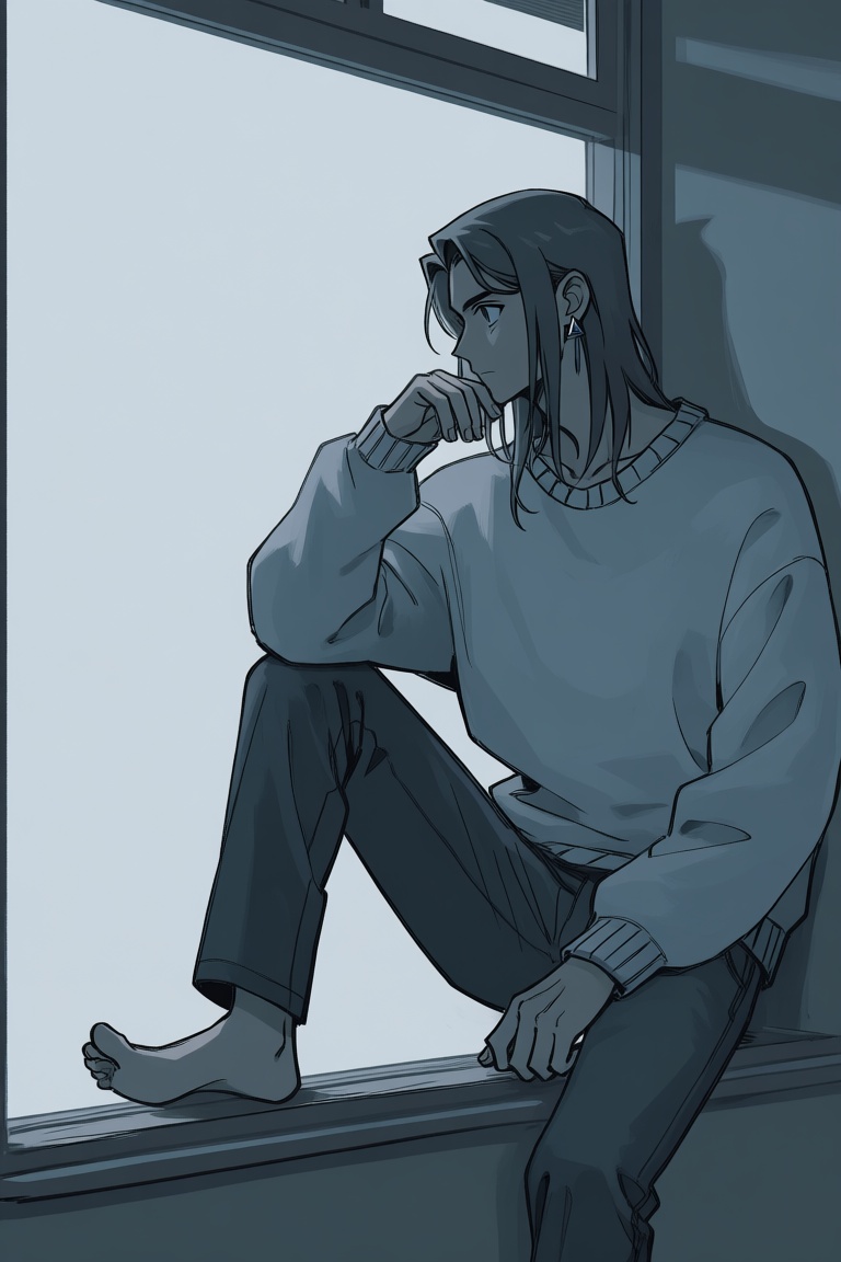 A slender man with long hair in a loose oversized sweater and earrings sits sideways on a windowsill with one knee pulled...