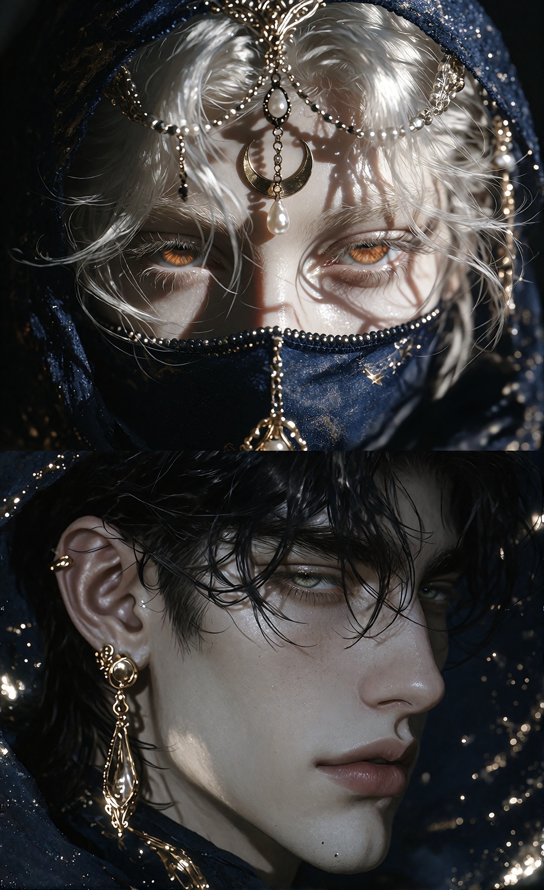 dark mystical portrait illustration,  close-up face of a woman,  white/silver hair on Tensor.Art