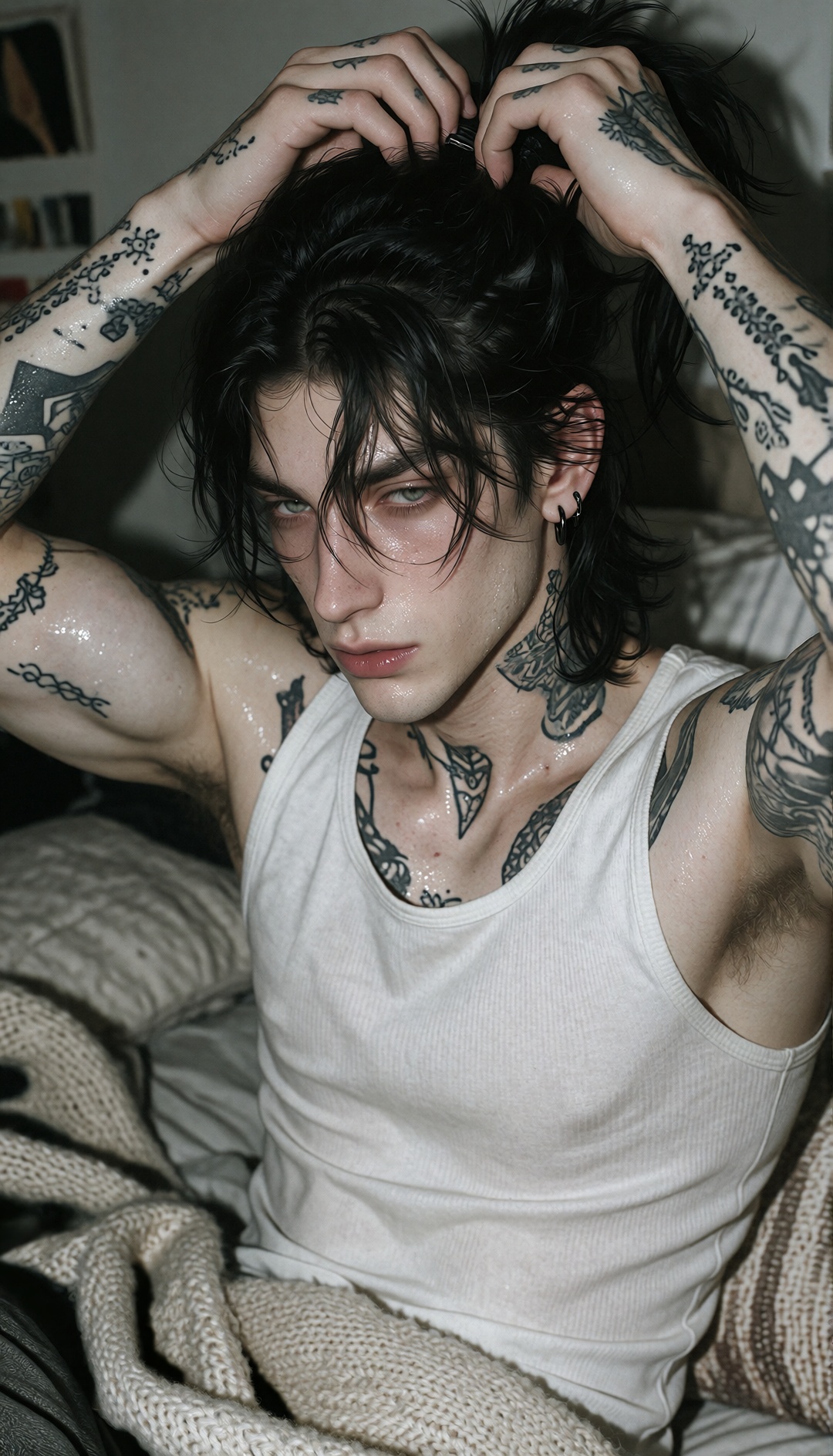 realistic photo,  young man with black hair tied up in a high ponytail,  tying his hair with both hands raised above his h...