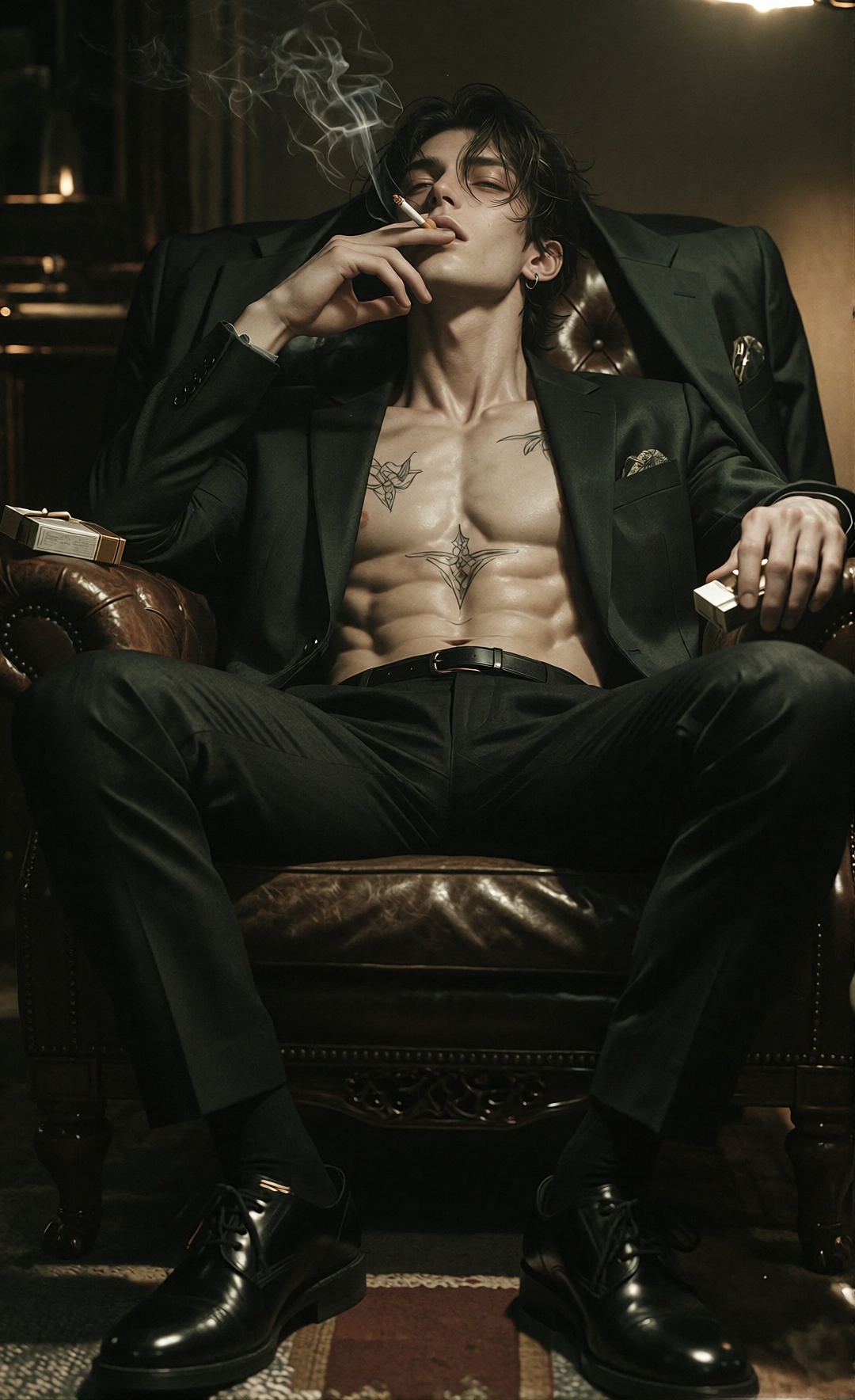 realistic photo,  young man sitting deep in an armchair,  legs stretched out and spread apart on Tensor.Art