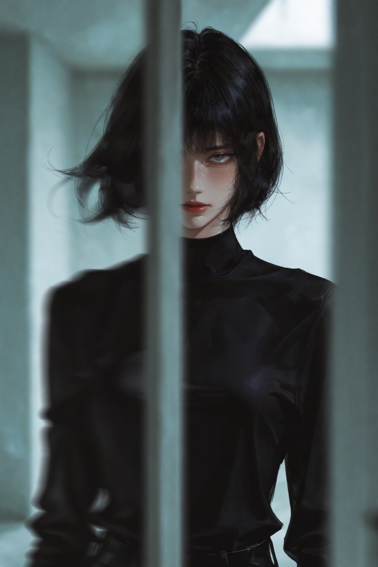 young woman with a black bob and pale freckled skin,  wearing a high-neck black top,  half of her face in sharp focus with...