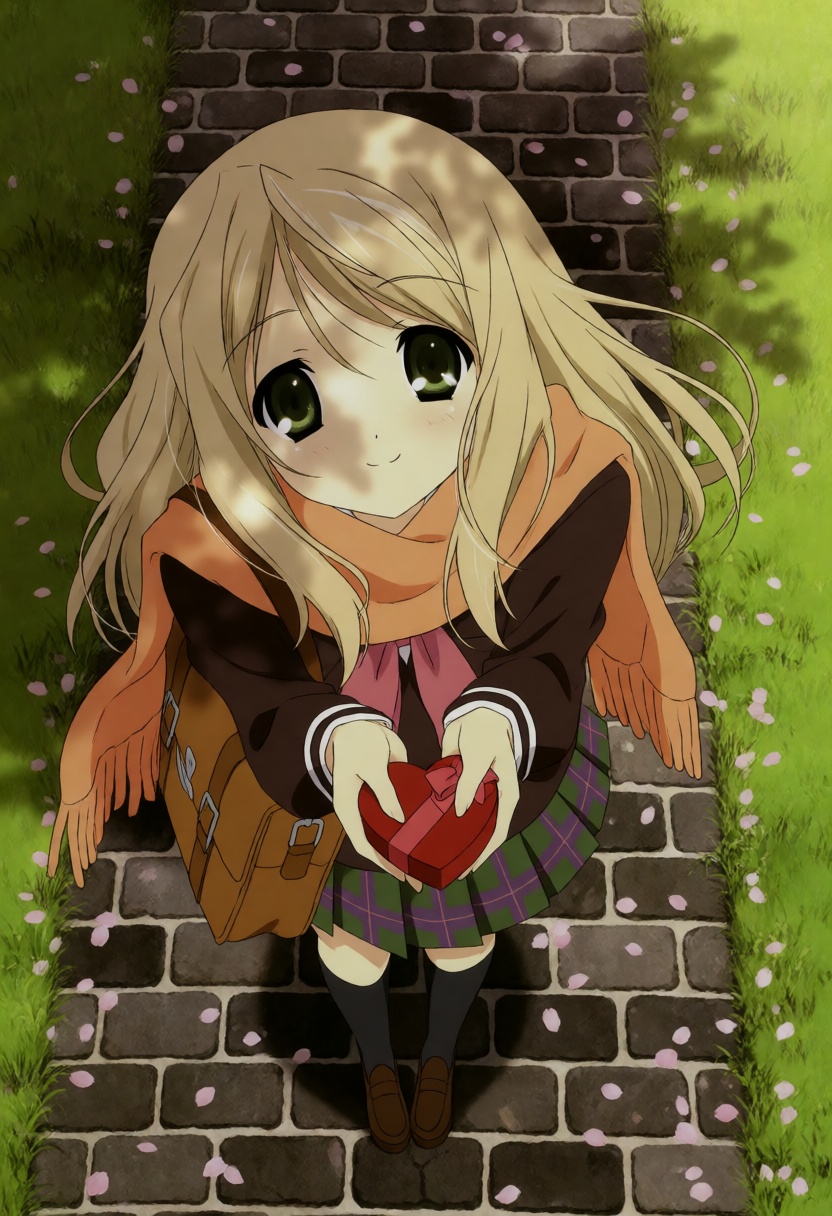 moestyle. In this top-down,  high-angle photograph,  a young blonde woman stands on a cobblestone path on Tensor.Art