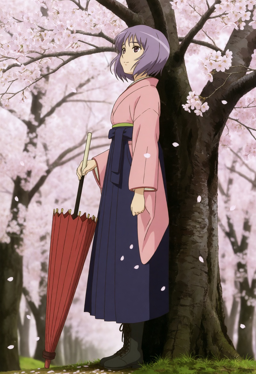 moestyle. A full-body,  eye-level photograph captures a woman standing in profile against a large tree trunk amidst a grov...