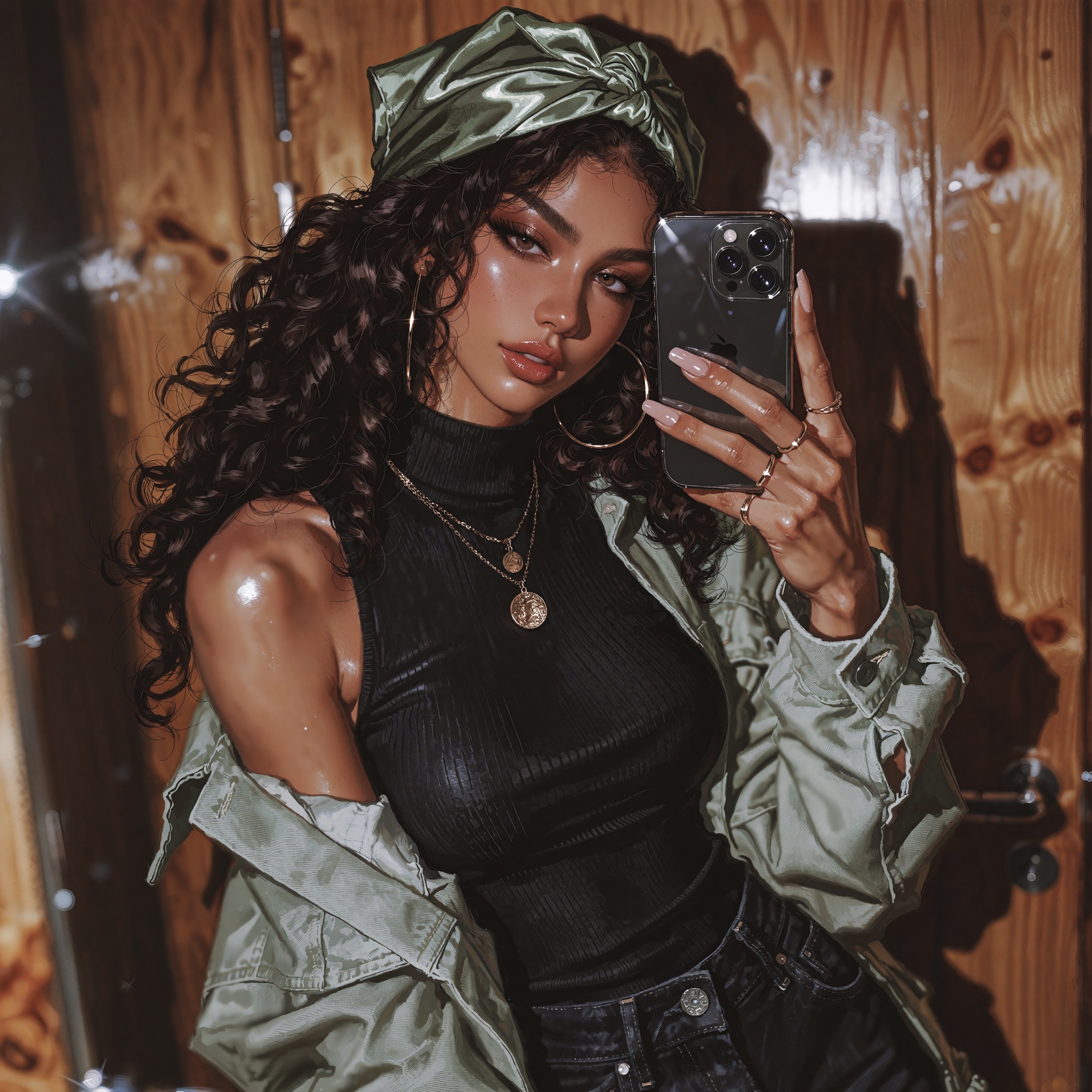 Professional photorealistic portrait,  vertical mirror selfie of a young woman with warm tan skin and long voluminous dark...