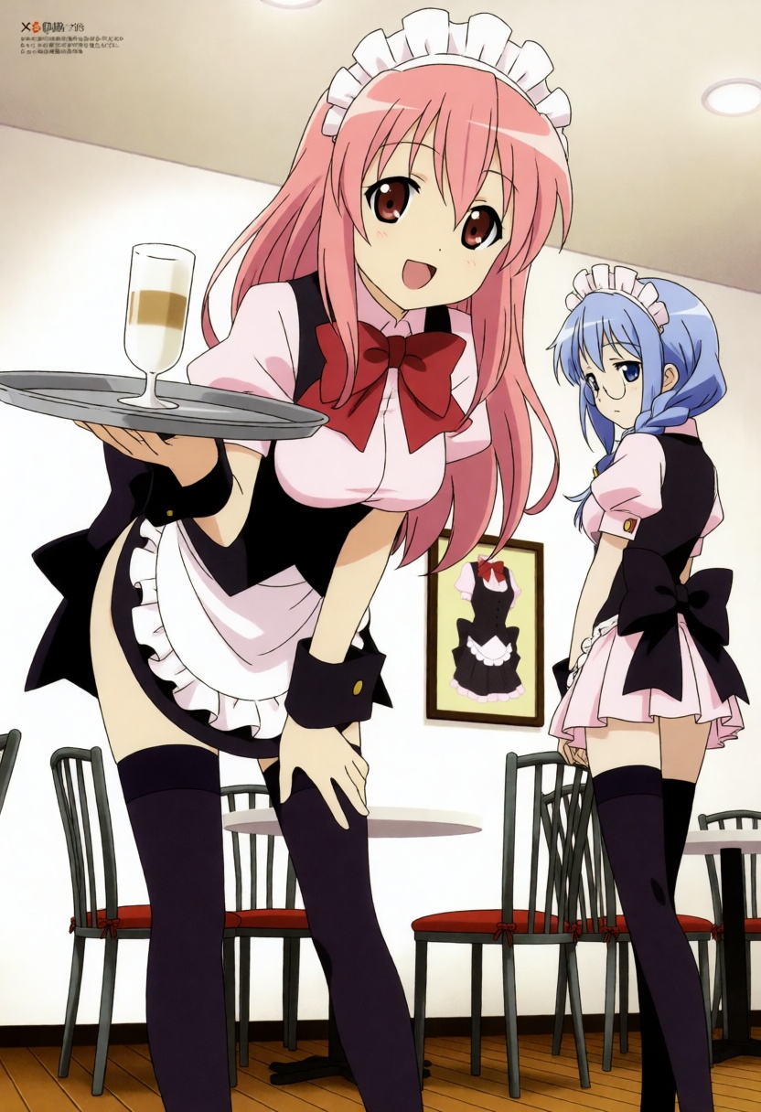moestyle. A low-angle,  medium shot depicts two young women dressed in ornate,  stylized cafe uniforms within a brightly l...