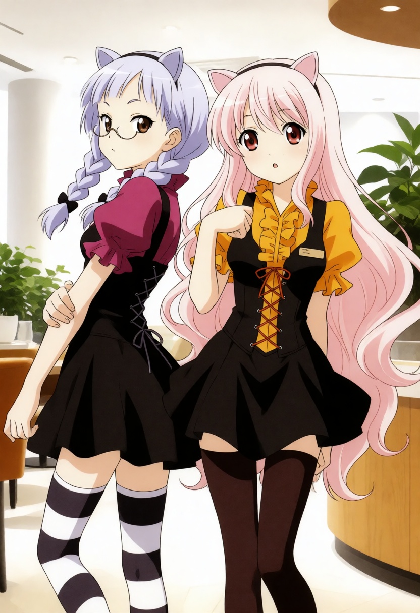 moestyle. In this full-body interior shot,  two young women posing in a bright,  modern cafe atmosphere on Tensor.Art