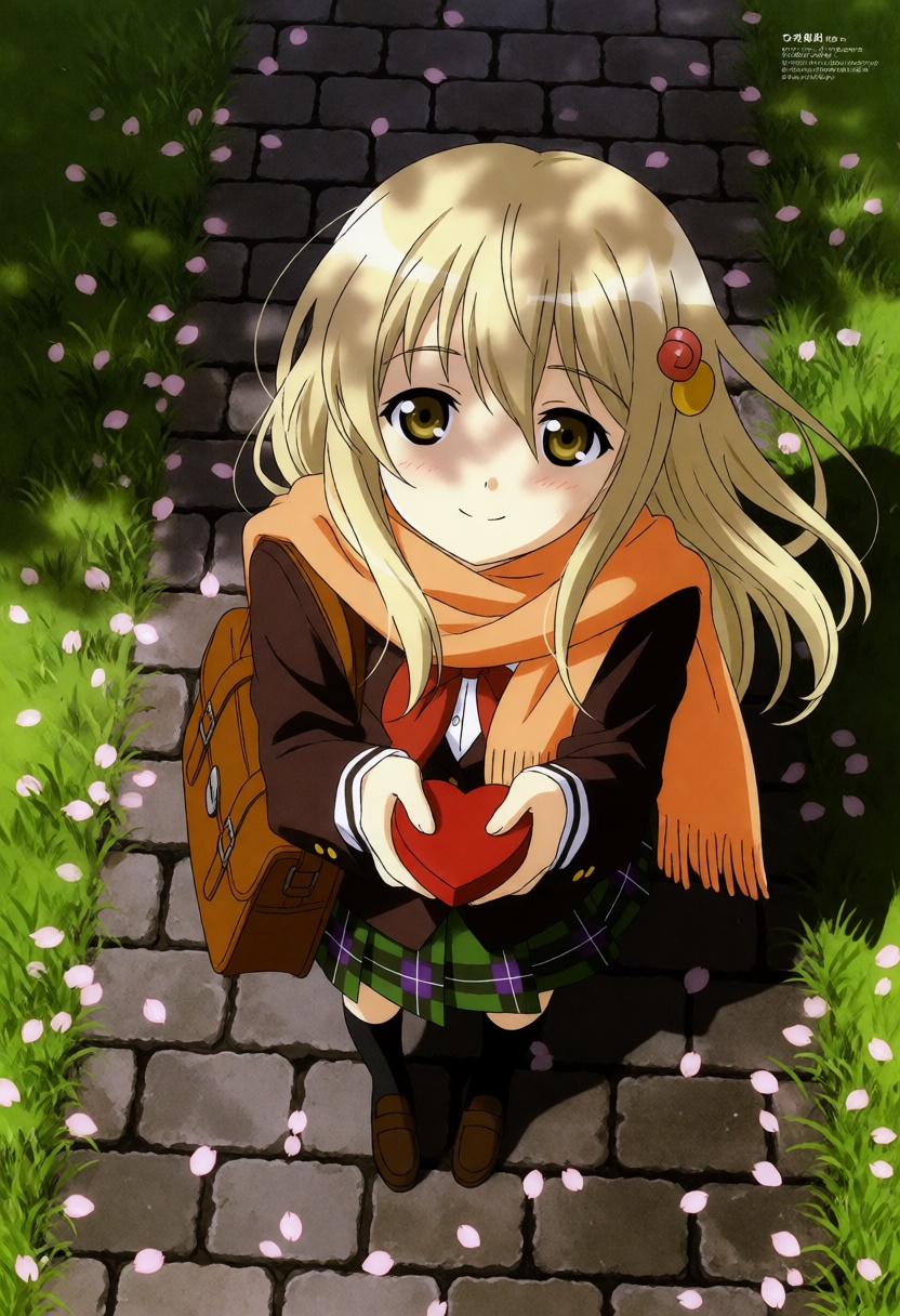 moestyle. In this top-down,  high-angle photograph,  a young blonde woman stands on a cobblestone path on Tensor.Art