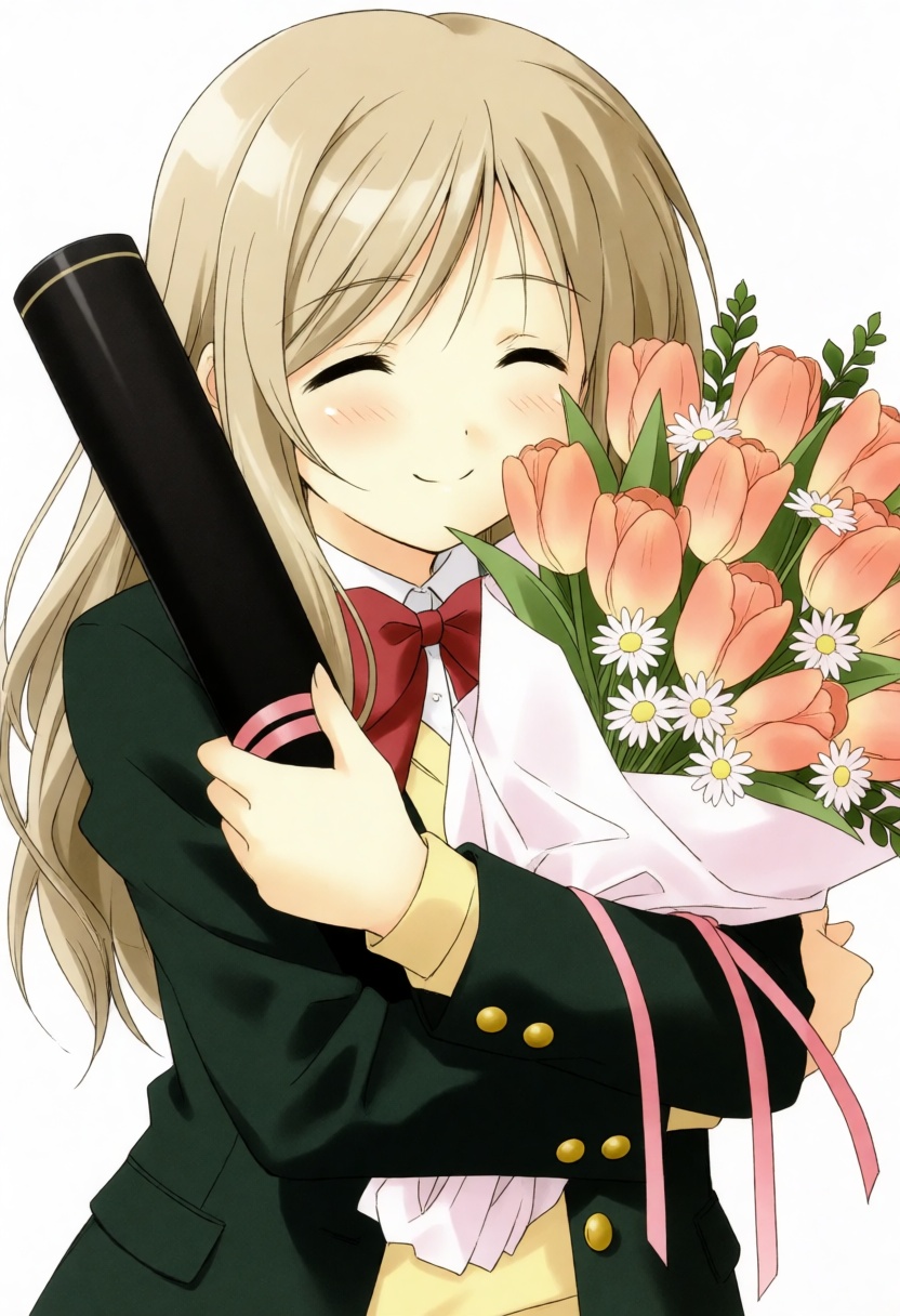 moestyle. high-angle,  medium shot depicts a young woman in a celebratory,  sentimental moment on Tensor.Art