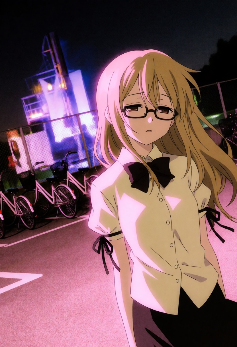 moestyle. A full-body photograph of a woman with long blond hair and square black-rimmed glasses,  captured at night in a...