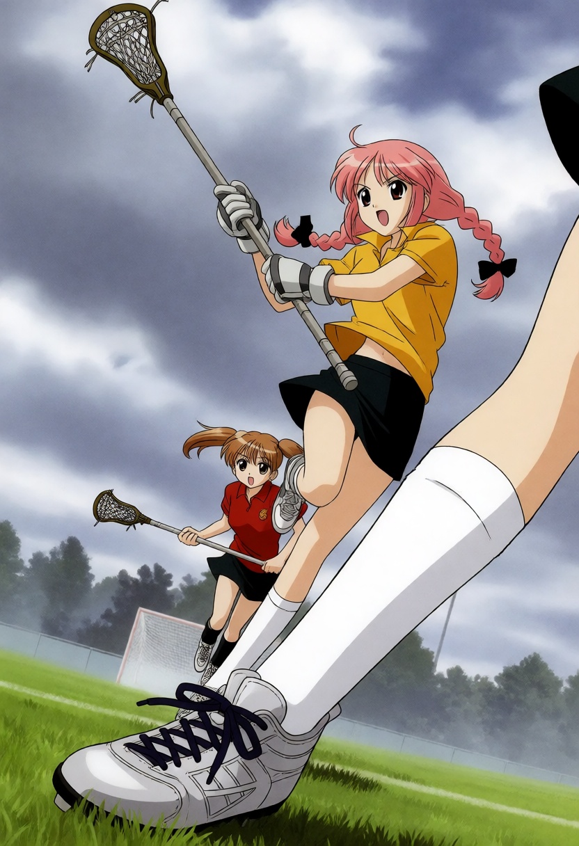 moestyle. A high-angle,  dynamic action shot captures two young women in the heat of a competitive field lacrosse game und...