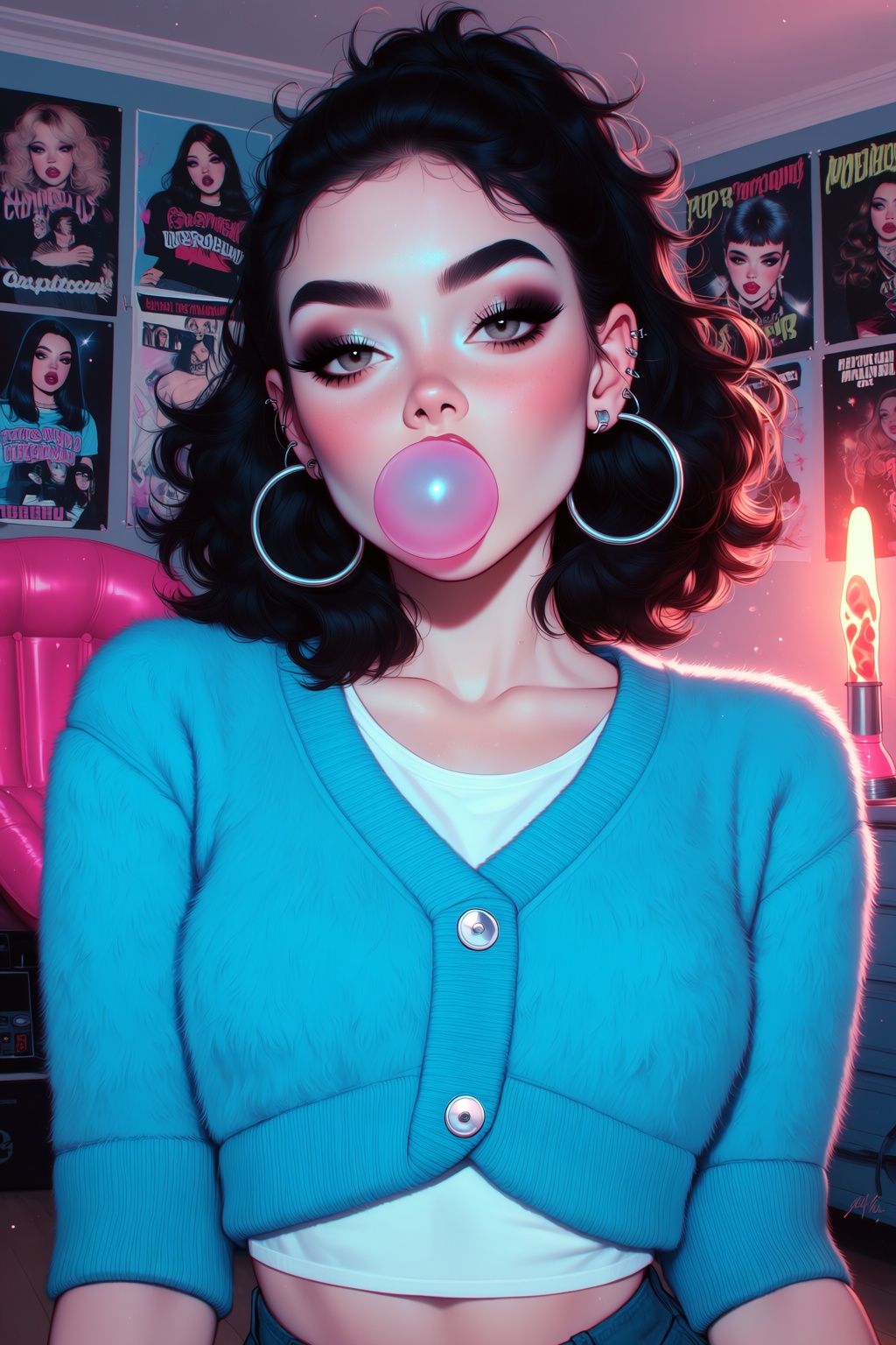 highres,  absurdres,  A young woman with crimped hair and oversized silver hoop earrings blows a bubblegum bubble. She wea...