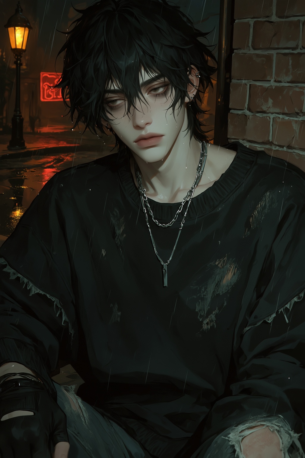 highres,  absurdres,  @PH3N3XFX A young man with shaggy jet-black hair and smudged eyeliner leans against a brick wall in...