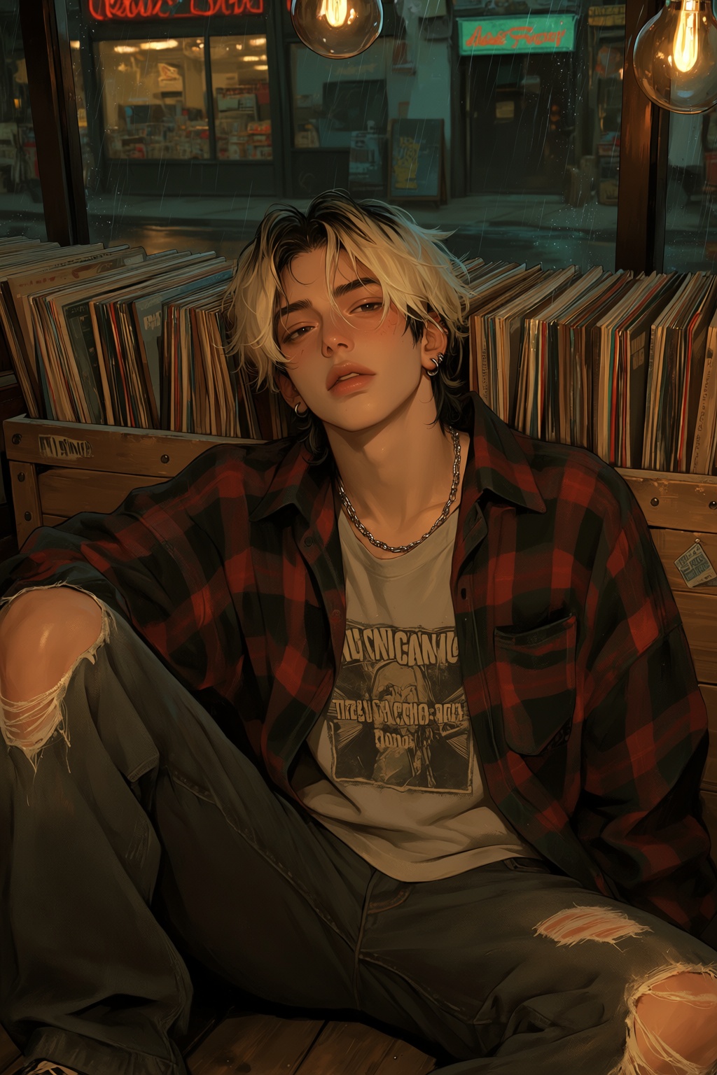 highres,  absurdres,  @PH3N3XFX A young man with bleached-blond hair with dark roots sits on the wooden floor of a dimly l...