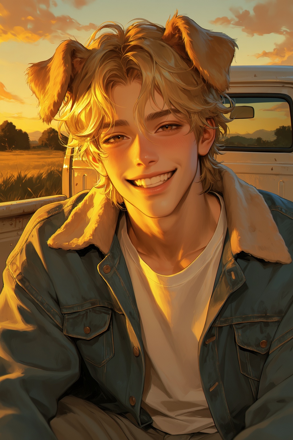 highres,  absurdres,  @PH3N3XFX A young man with warm golden-blond wavy hair and floppy on Tensor.Art
