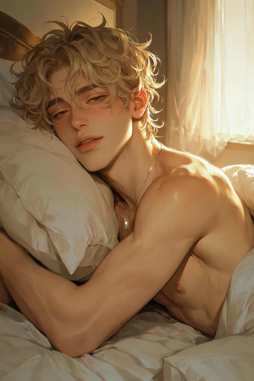 highres,  absurdres,  @PH3N3XFX A young man with messy blonde curls lies half-awake in an unmade bed on Tensor.Art